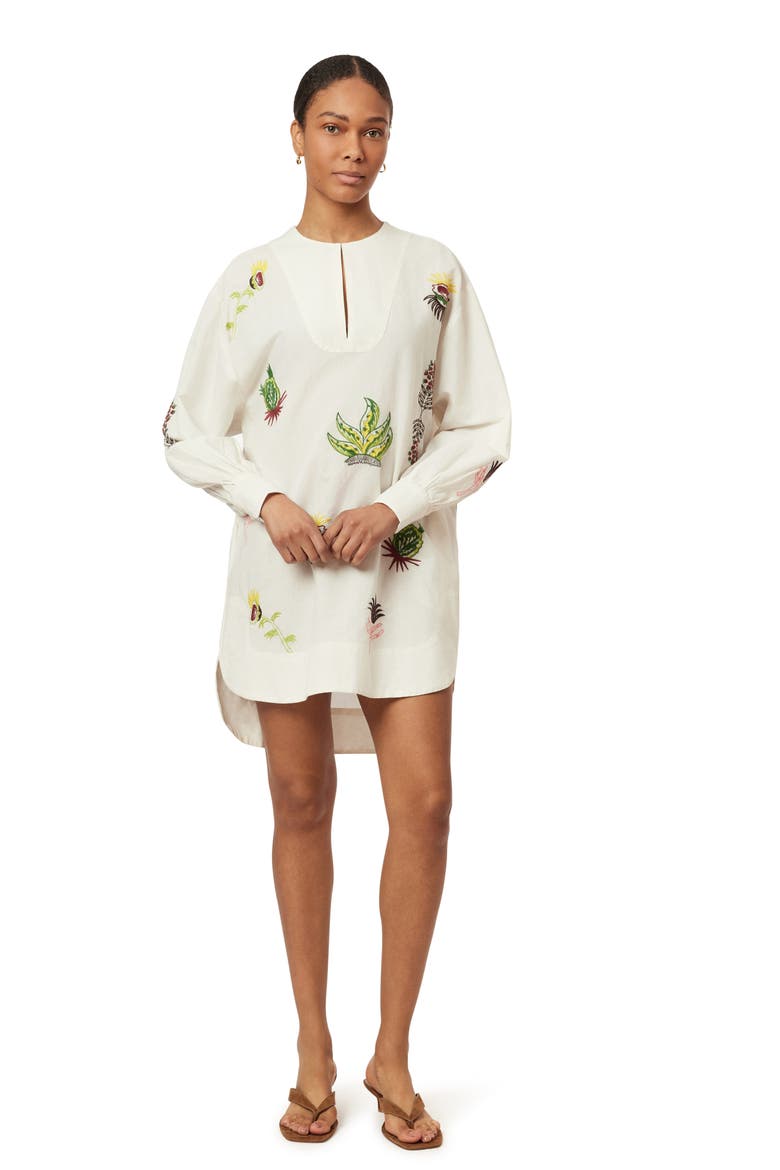 Embroidered Long Sleeve Cotton & Linen Shift Dress, Alternate, color, EGGNOG