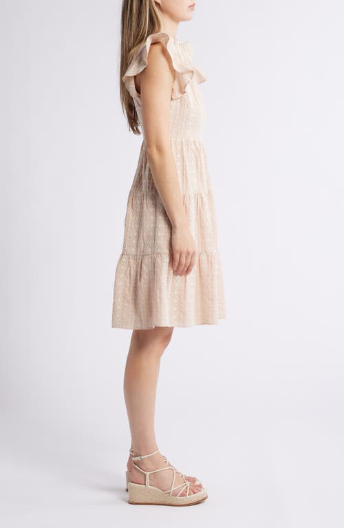 Julia Jordan Embroidered Ruffle Sleeve Cotton Dress In Beige Ivory