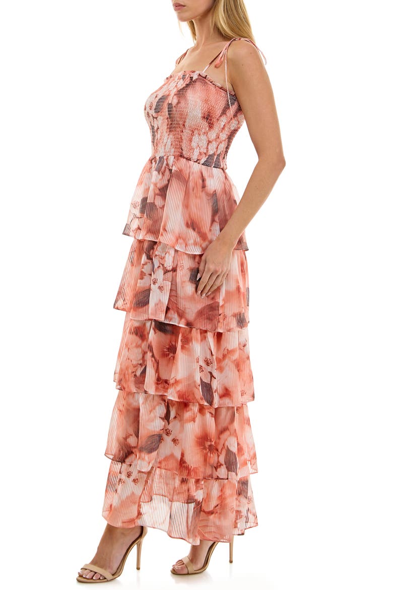 Floral Smocked Tie Strap Maxi Cocktail Dress, Alternate, color, GREY/ PEACH