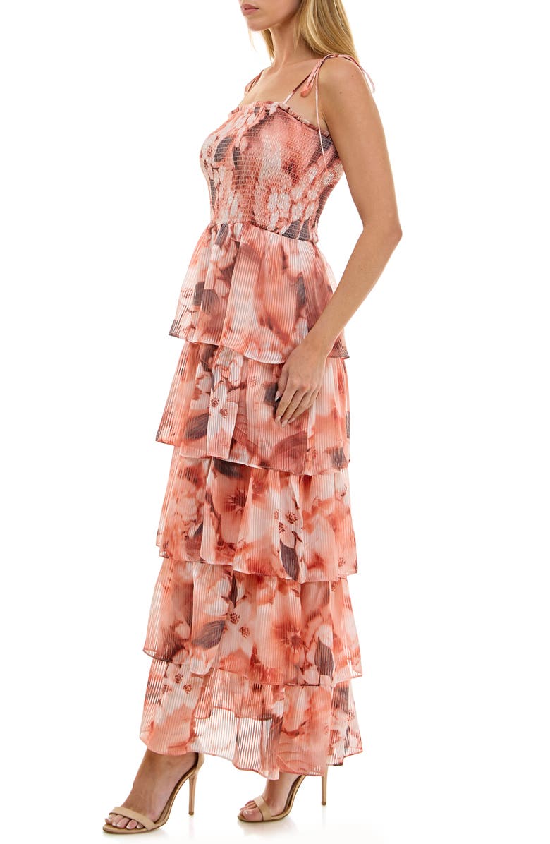 Socialite Floral Smocked Tie Strap Maxi Cocktail Dress, Alternate, color, Grey/ Peach