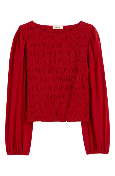 Smocked Boat Neck Long Sleeve Cotton Top