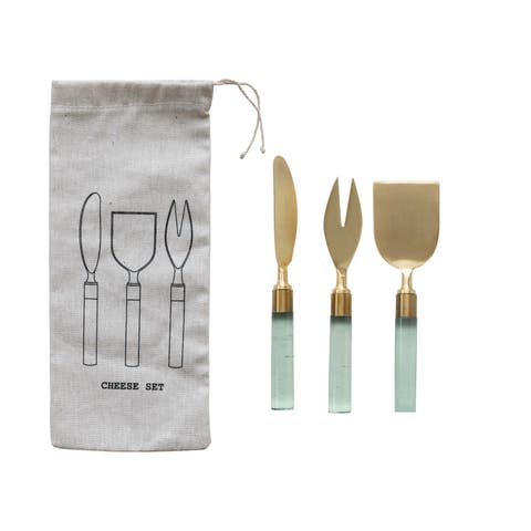 7 Inches Stainless Steel Cheese Utensils with Resin Handles and Printed Drawstring Bag, Brass Finish and Green