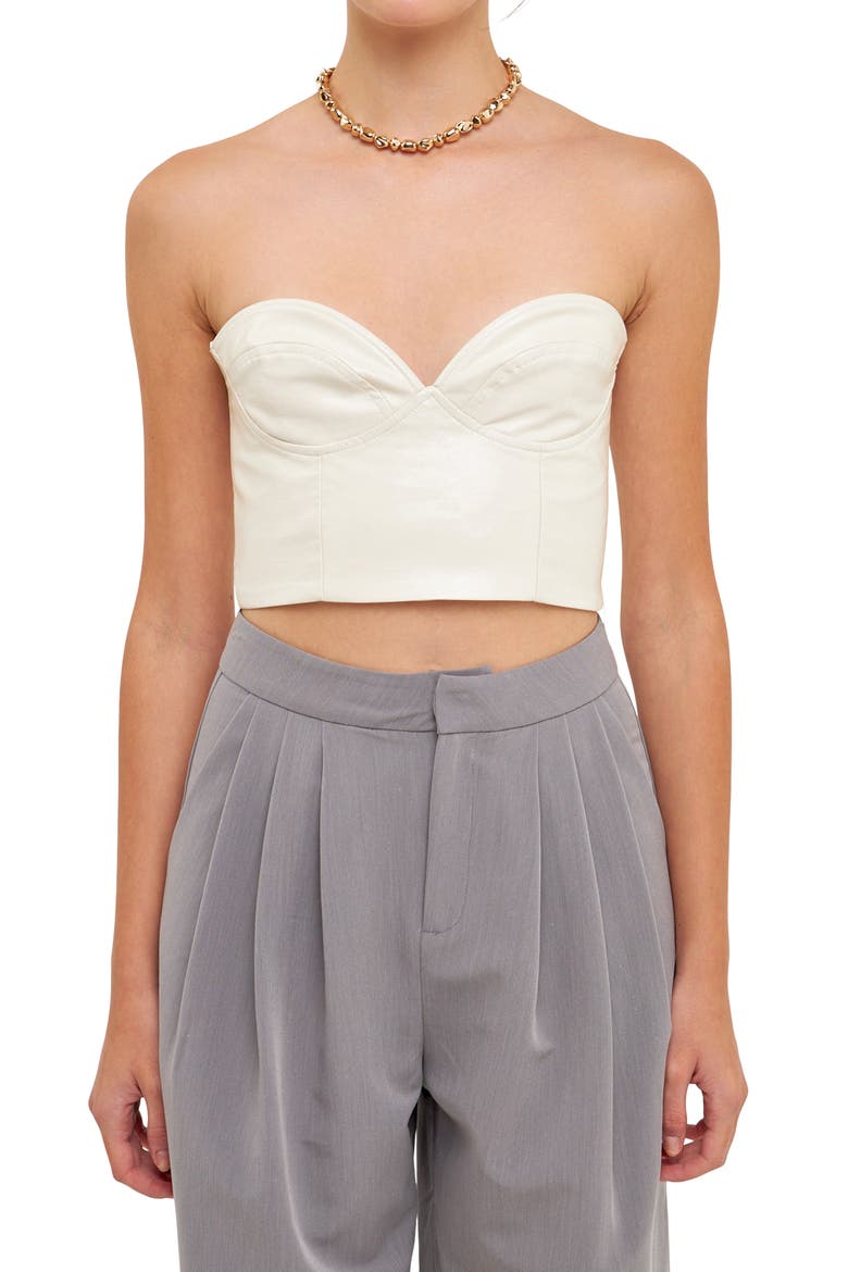 Strapless Faux Leather Bustier Crop Top, Alternate, color, WHITE