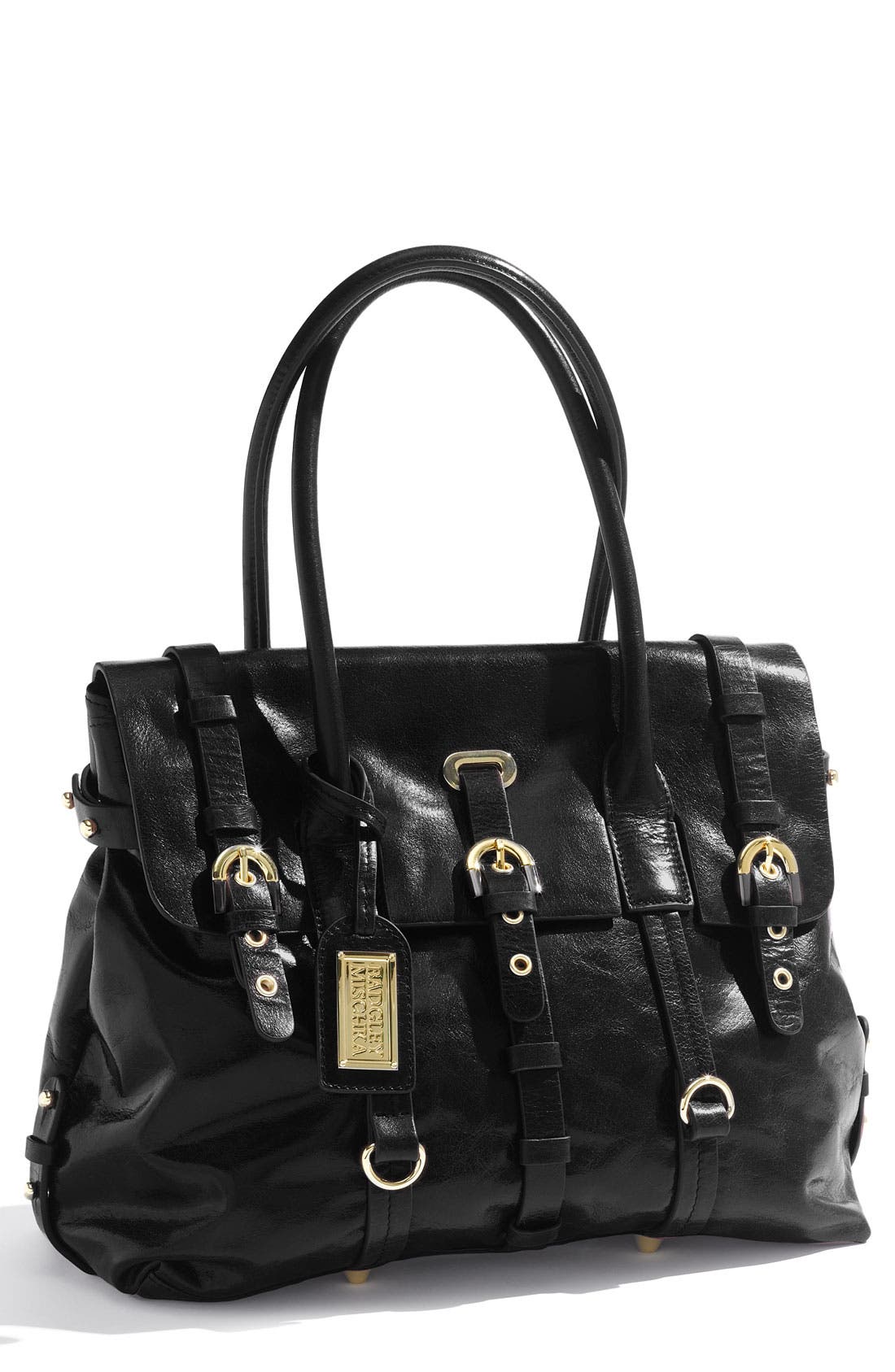 Badgley Mischka Leather Flap Satchel, Main, color, BLACK