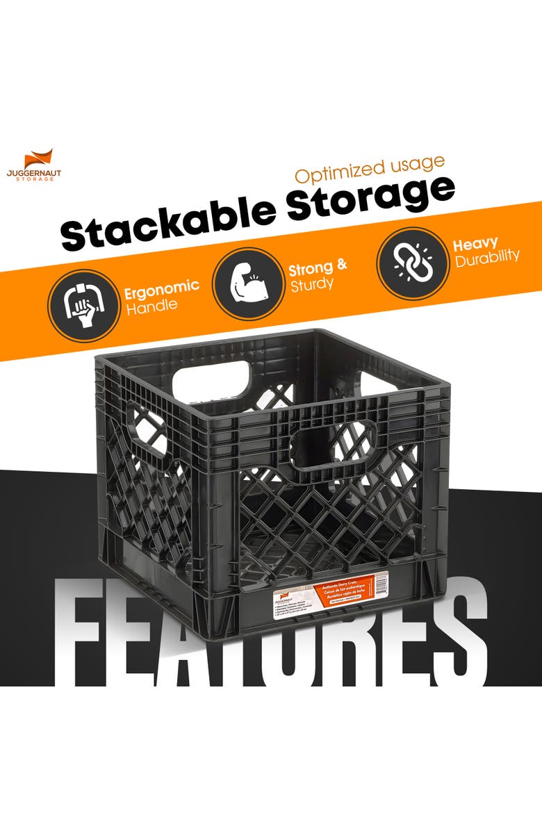 Juggernaut Storage Milk Crate 2 Pack 16 Qt, Black Multipurpose Storage, Alternate, color, Black