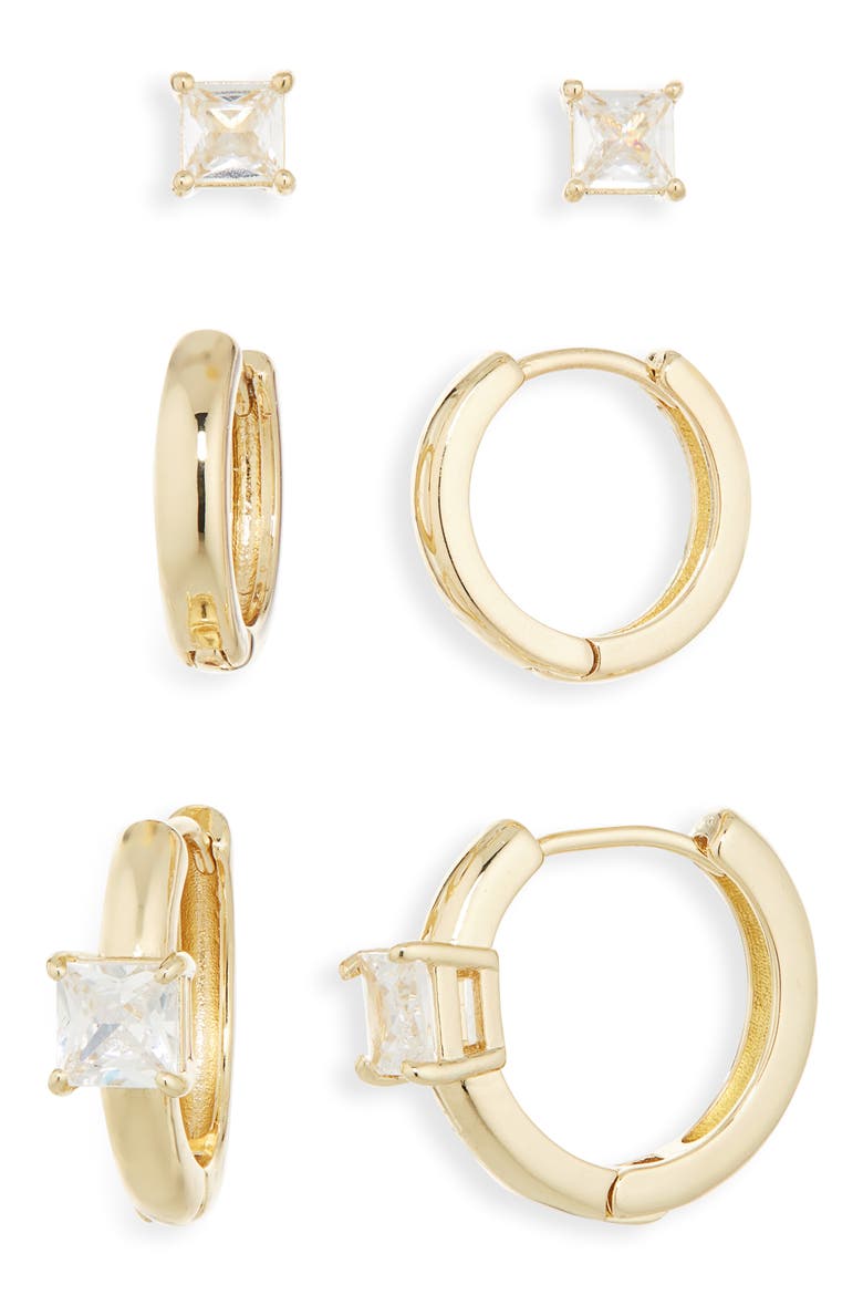 Set of 3 Stud & Hoop Earrings, Main, color, CLEAR- GOLD