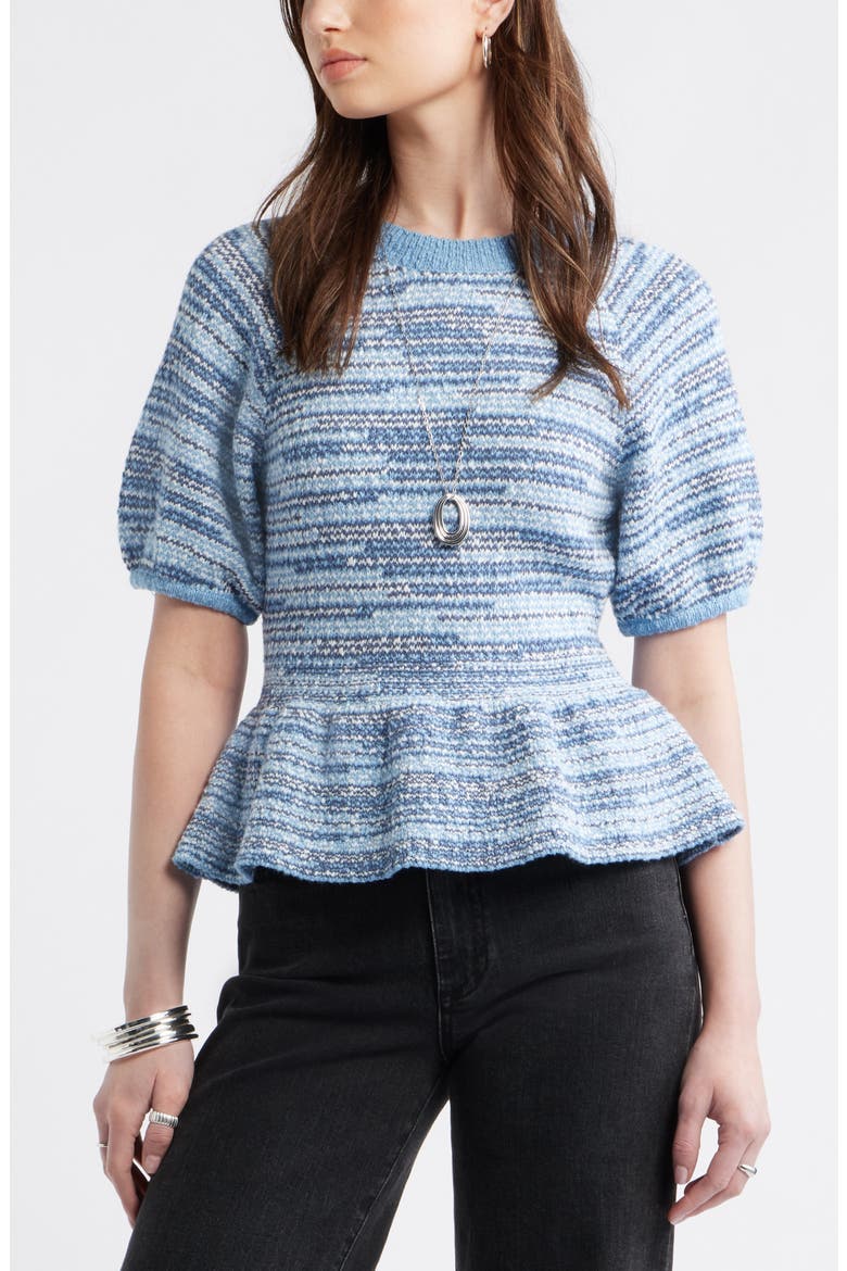 Space Dye Puff Sleeve Cotton Peplum Sweater, Main, color, BLUE VINTAGE SPACE DYE