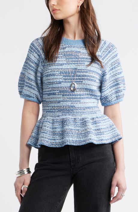 Space Dye Puff Sleeve Cotton Peplum Sweater