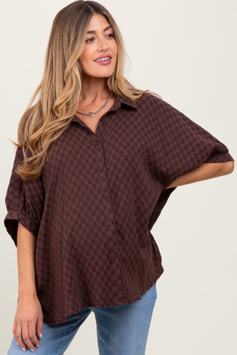 Checker Print Short Sleeve Oversized Blouse, Alternate, color, Brown