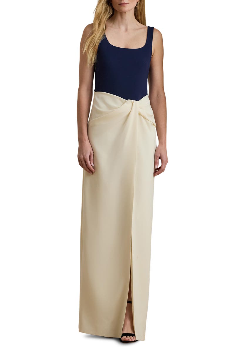 Lauren Ralph Lauren Two-Tone Ottoman & Crepe Sleeveless Gown, Main, color, Mascarpone Ivory/ Refined Navy