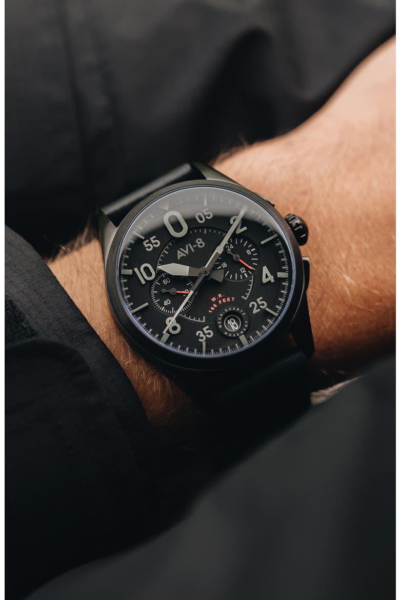 Spitfire Lock Slate Dial Chronograph Leather Strap Watch, 42mm, Alternate, color, BLACK