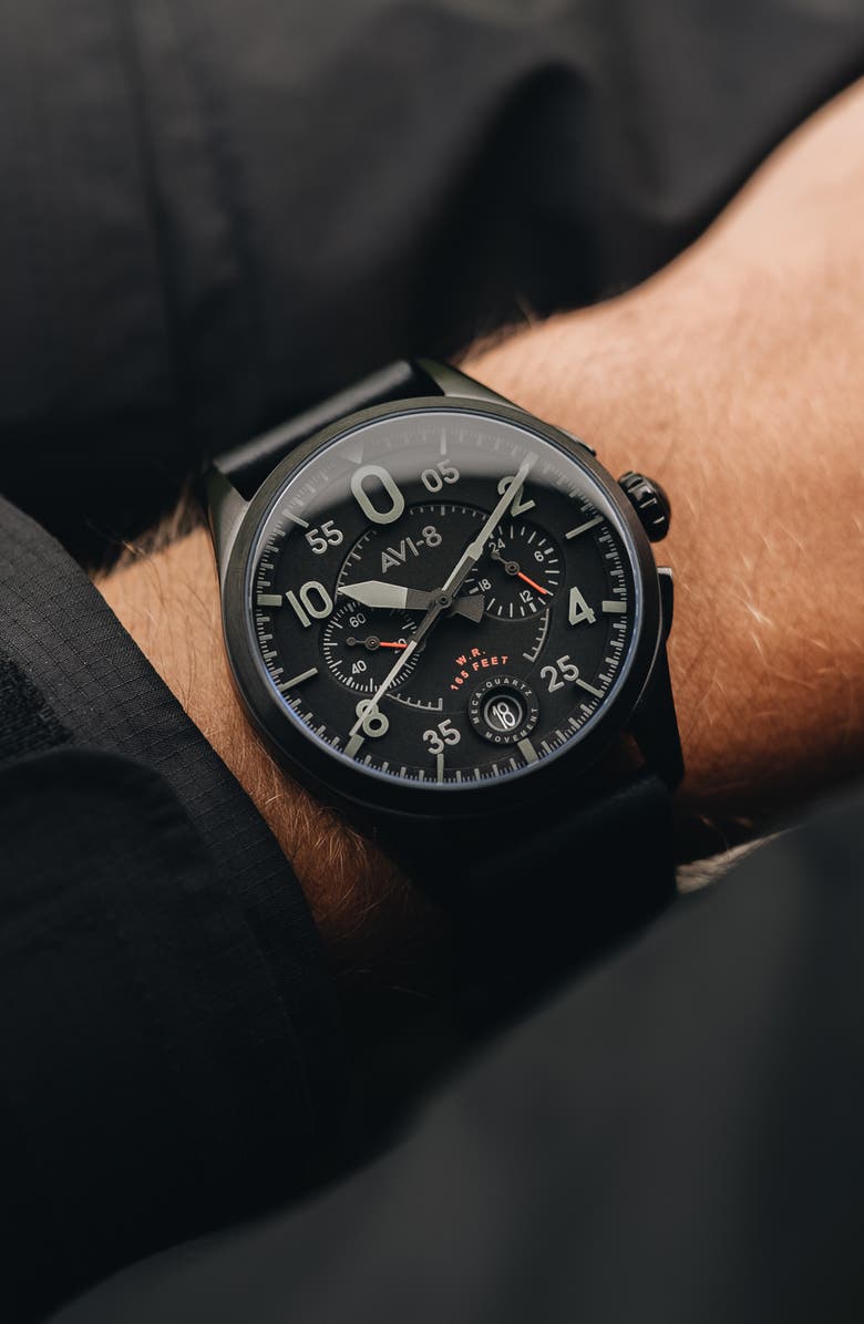 AVI-8 Spitfire Lock Slate Dial Chronograph Leather Strap Watch, 42mm, Alternate, color, Black