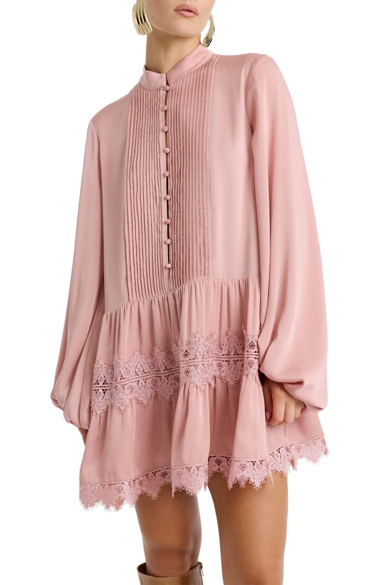 Antonia Lace Trim Long Sleeve Satin Minidress, Alternate, color, DUSTY PINK