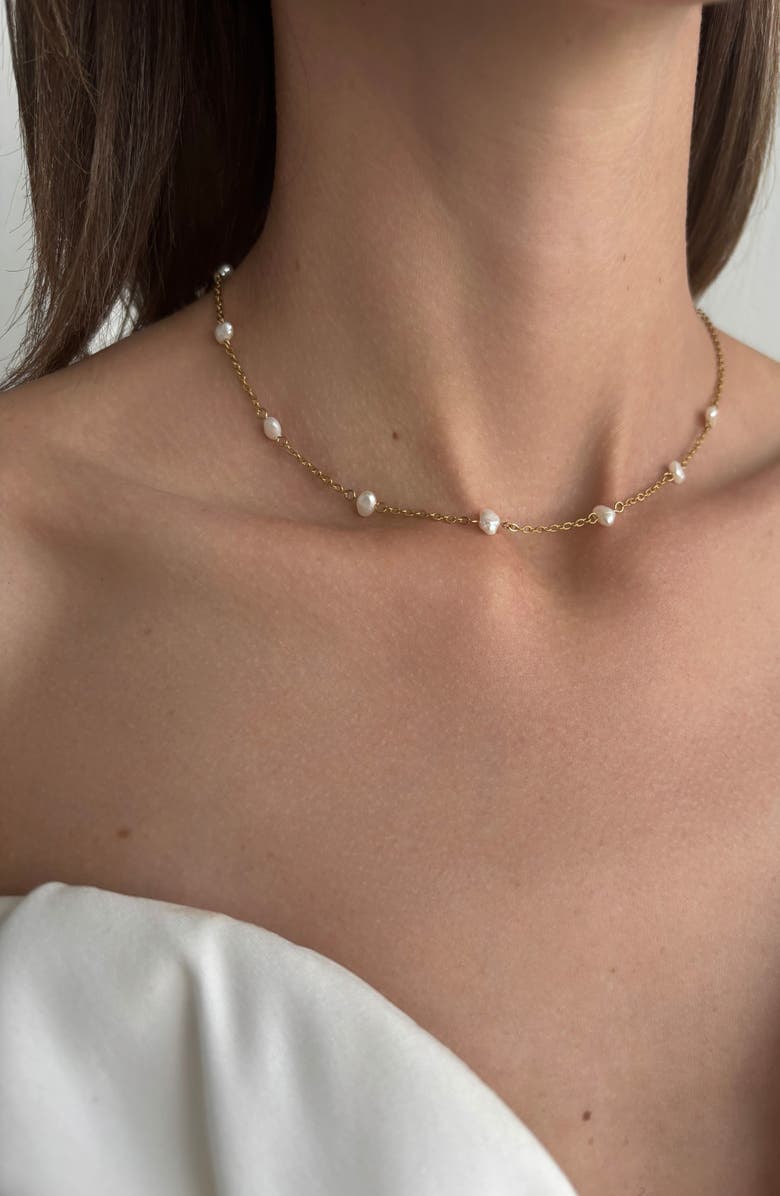 st. Moran Freshwater Pearl Station Necklace, Alternate, color, Gold-White