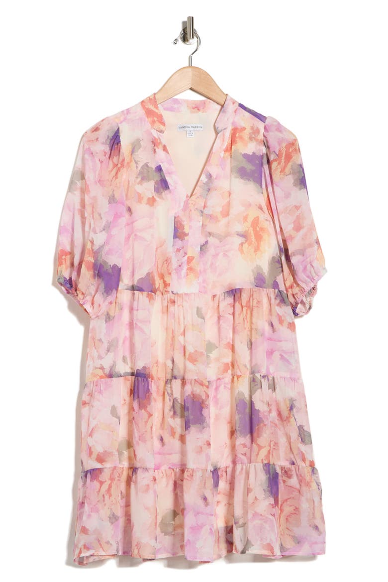 Print Tiered Dress, Alternate, color, IVORY/ LILAC