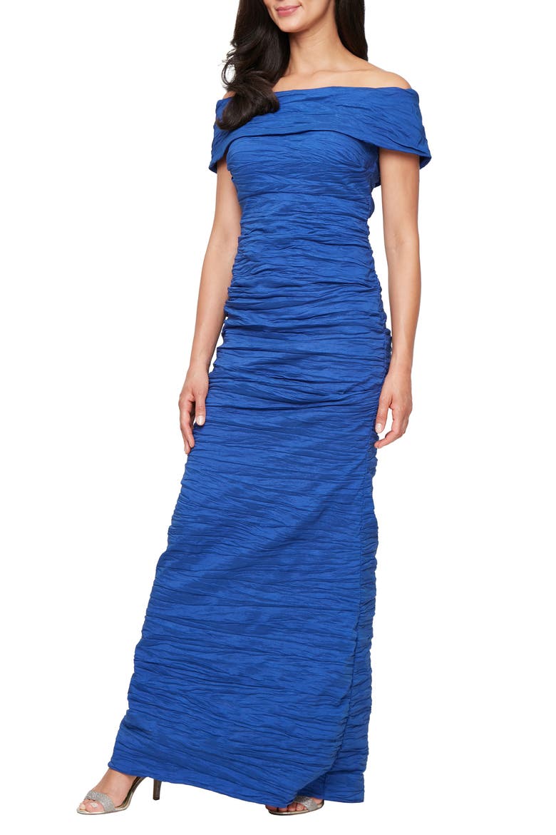 Crinkle Off the Shoulder Stretch Taffeta Gown, Main, color, ROYAL