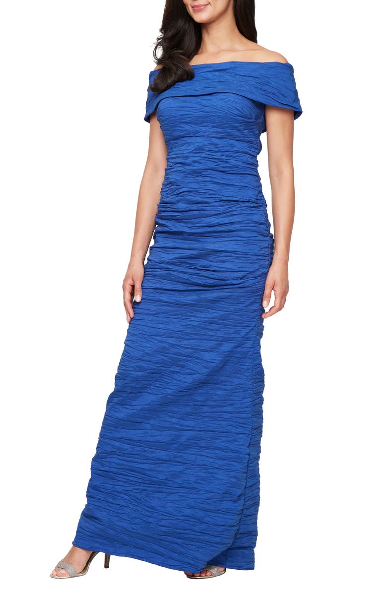 Alex Evenings Crinkle Off the Shoulder Stretch Taffeta Gown, Main, color, Royal