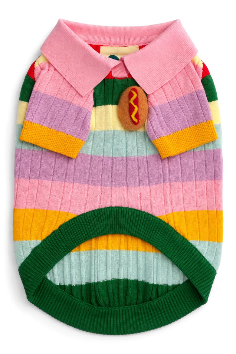 Hotdog Appliqué Stripe Pet Sweater, Alternate, color, PINK