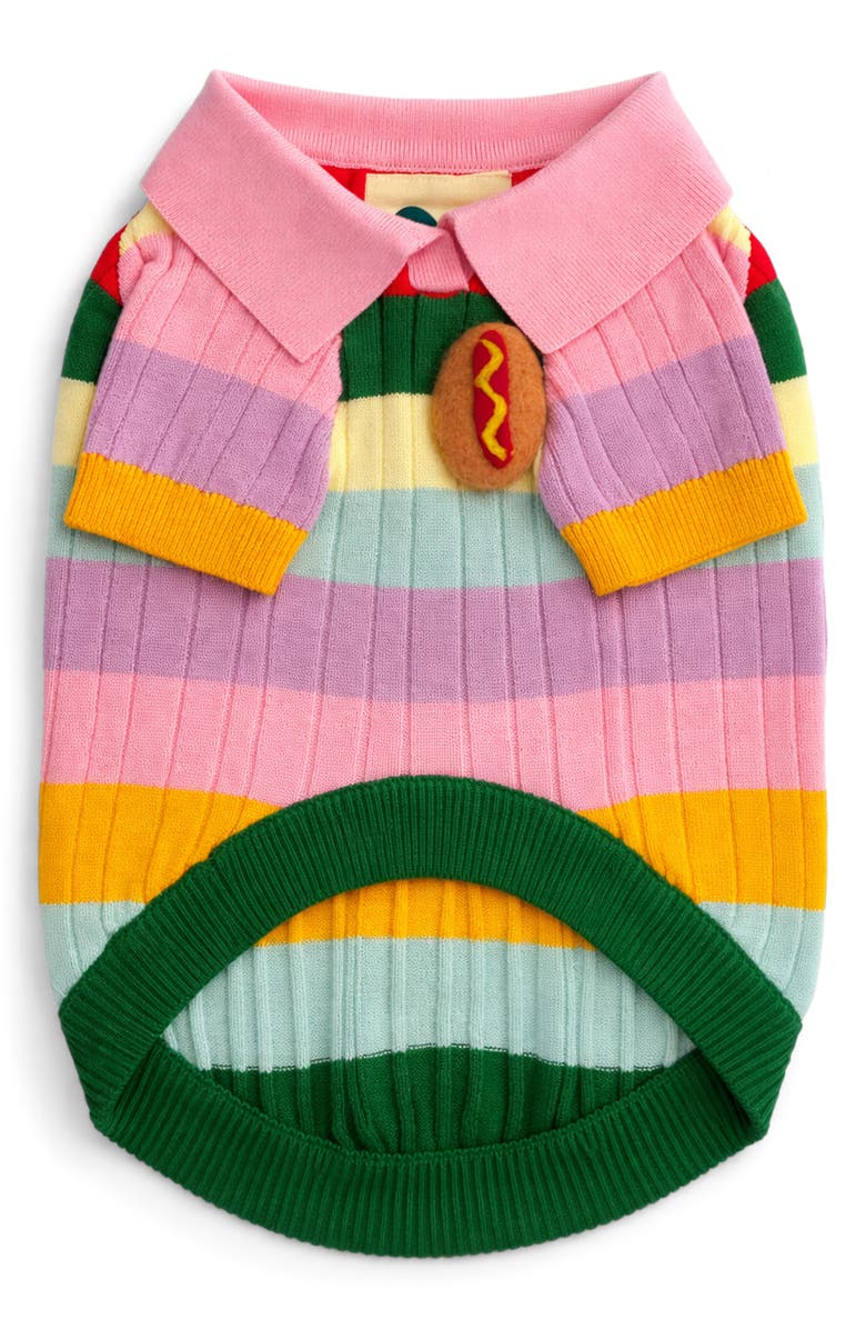 Found My Animal Hotdog Appliqué Stripe Pet Sweater, Alternate, color, Pink