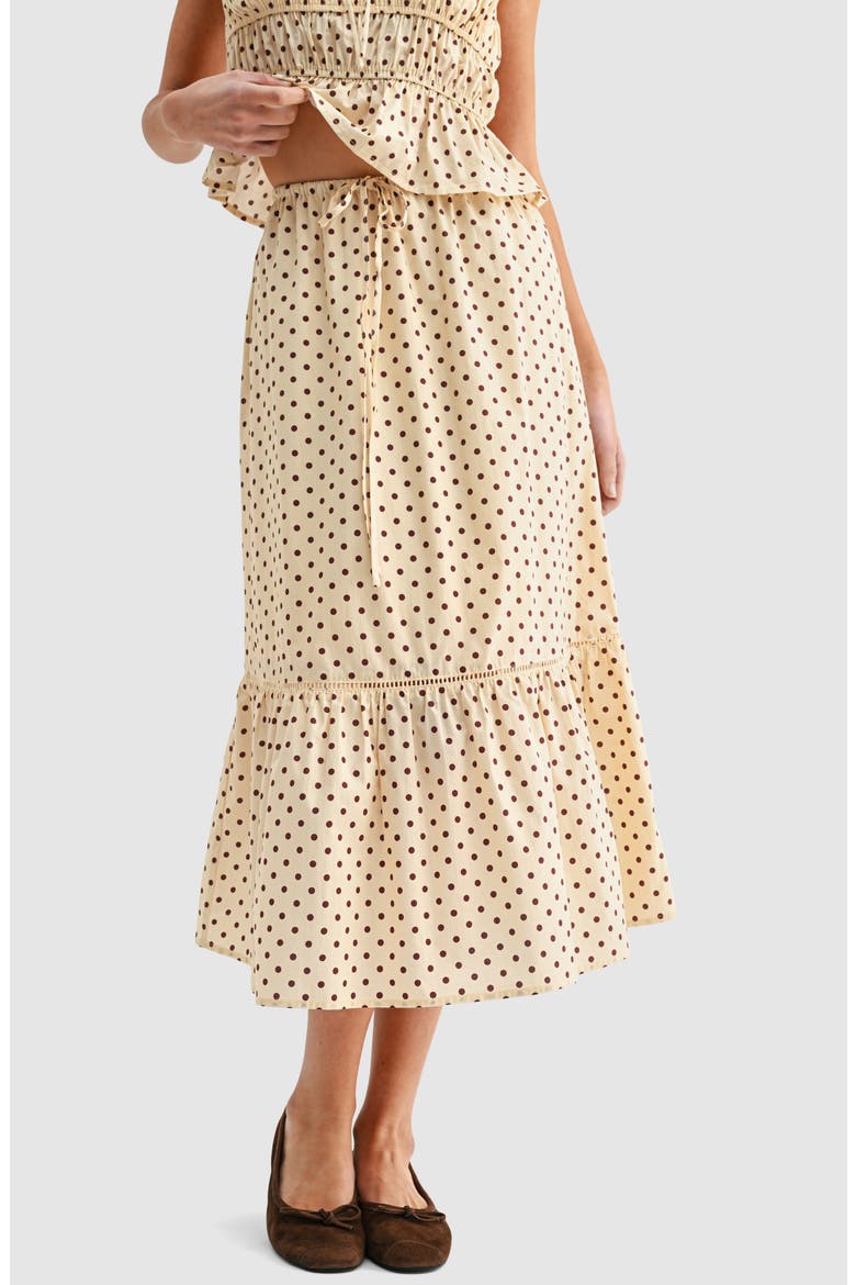 Polka Dot Tiered Midi Skirt, Main, color, BUTTER BROWN DOT