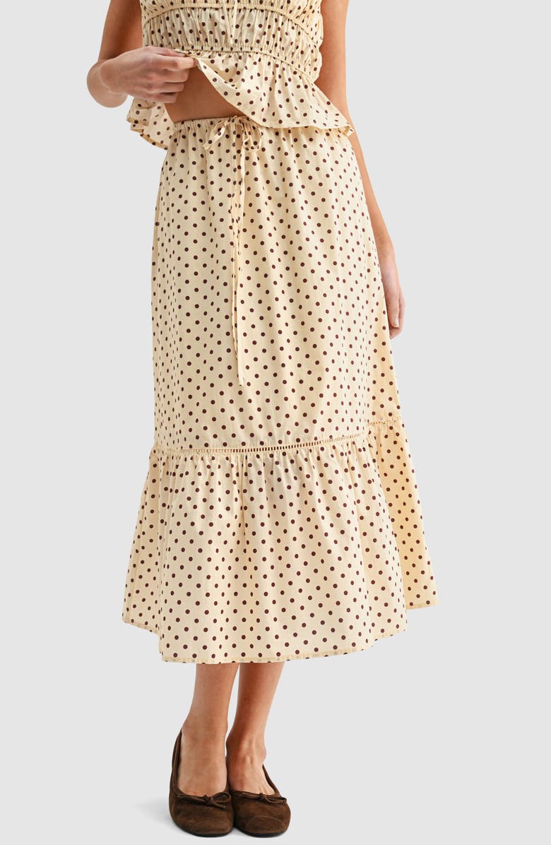 All in Favor Polka Dot Tiered Midi Skirt, Main, color, Butter Brown Dot
