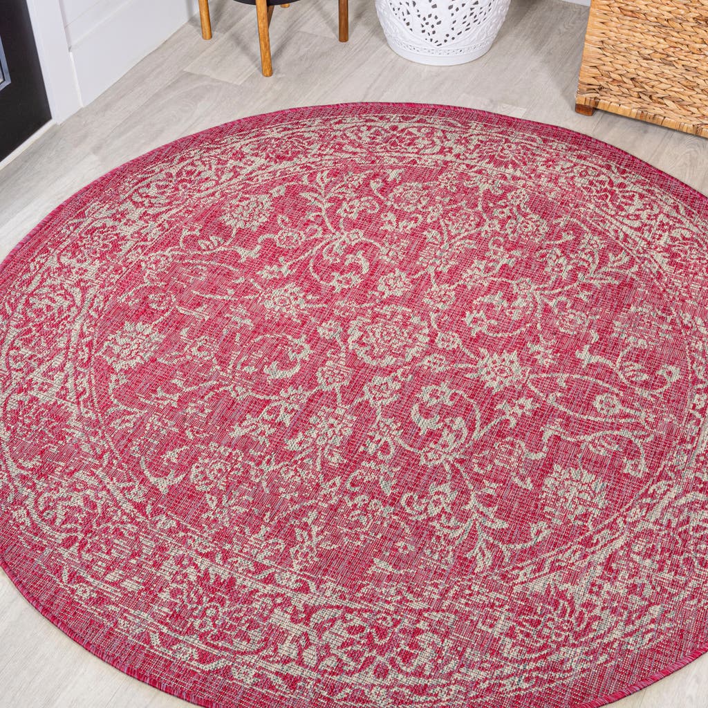 Jonathan Y Tela Bohemian Textured Weave Floral Indoor/outdoor Round Area Rug In Fuchsia/light Gray
