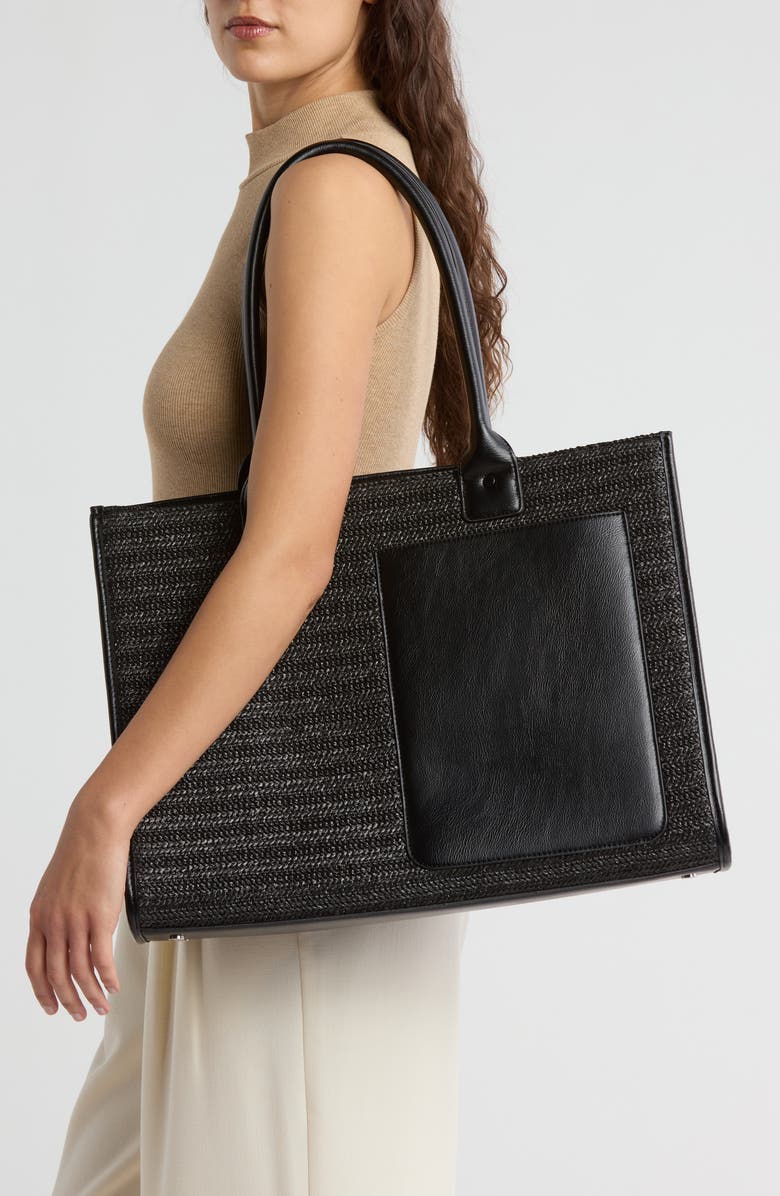 BCBG Straw Tote Bag, Alternate, color, Black