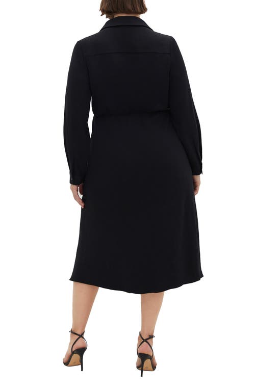 City Chic Chancery Lane Tie Waist Long Sleeve Midi Shirtdress In Black