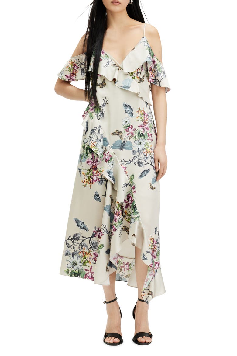 Orion Sanibel Floral Cold Shoulder High-Low Dress, Main, color, TAUPE GREY
