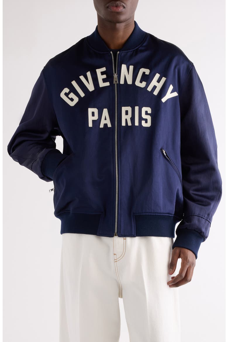 Oversize Logo Appliqué Bomber Jacket, Main, color, NAVY