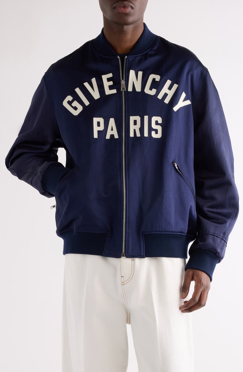 Givenchy Oversize Logo Appliqué Bomber Jacket, Main, color, Navy