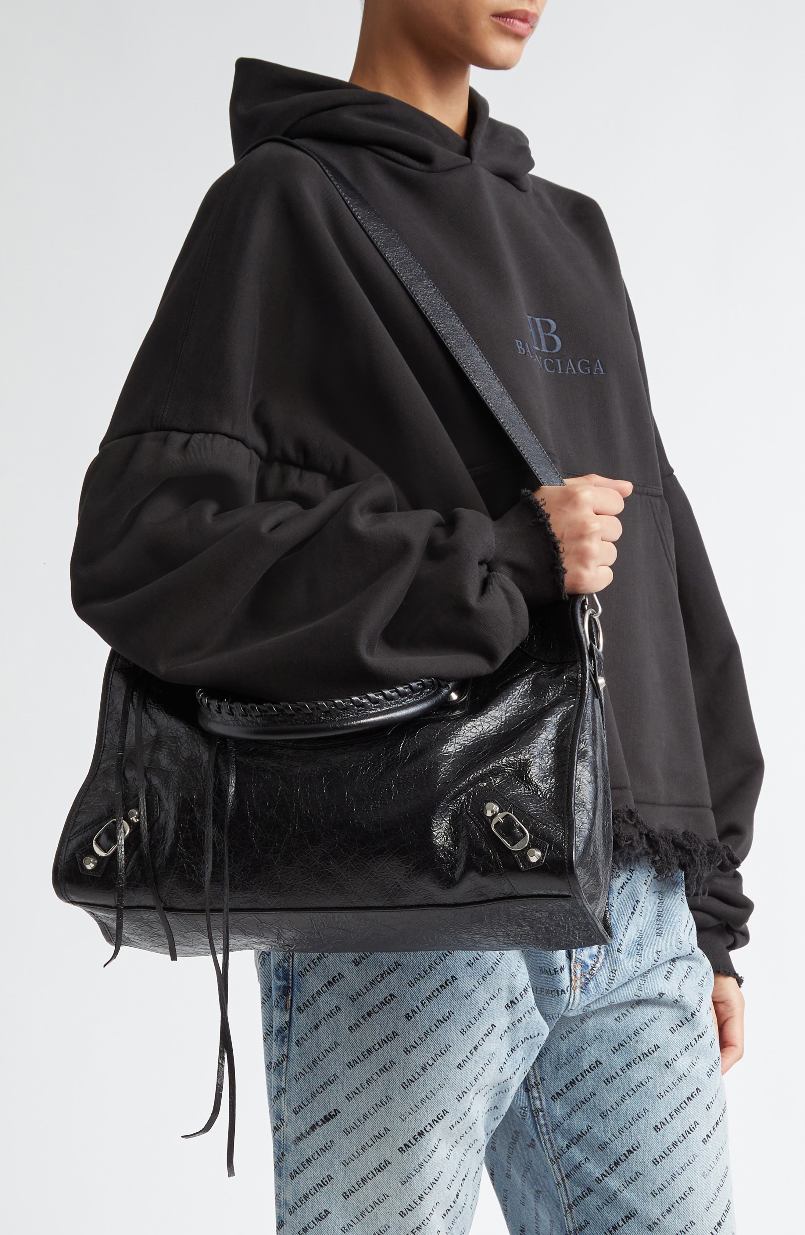 Balenciaga Medium Le City Arena Leather Satchel, Alternate, color, 1000 Black