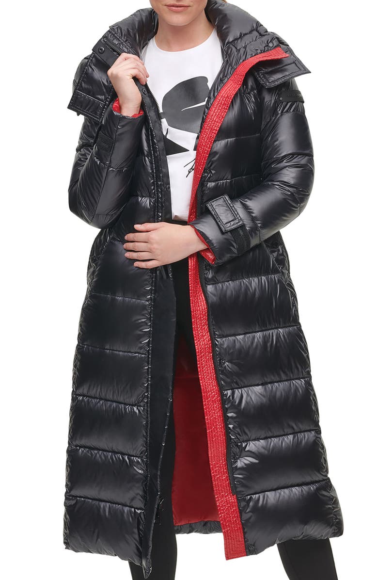 KARL LAGERFELD PARIS Contrast Belted Longline Puffer Jacket, Alternate, color, Black