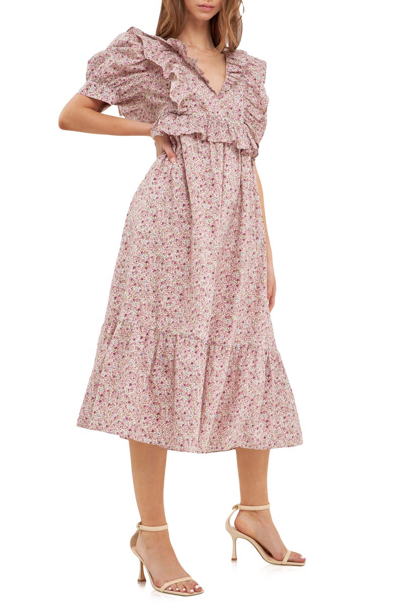 English Factory Floral Print Ruffle Trim Cotton Midi Dress, Alternate, color, 
