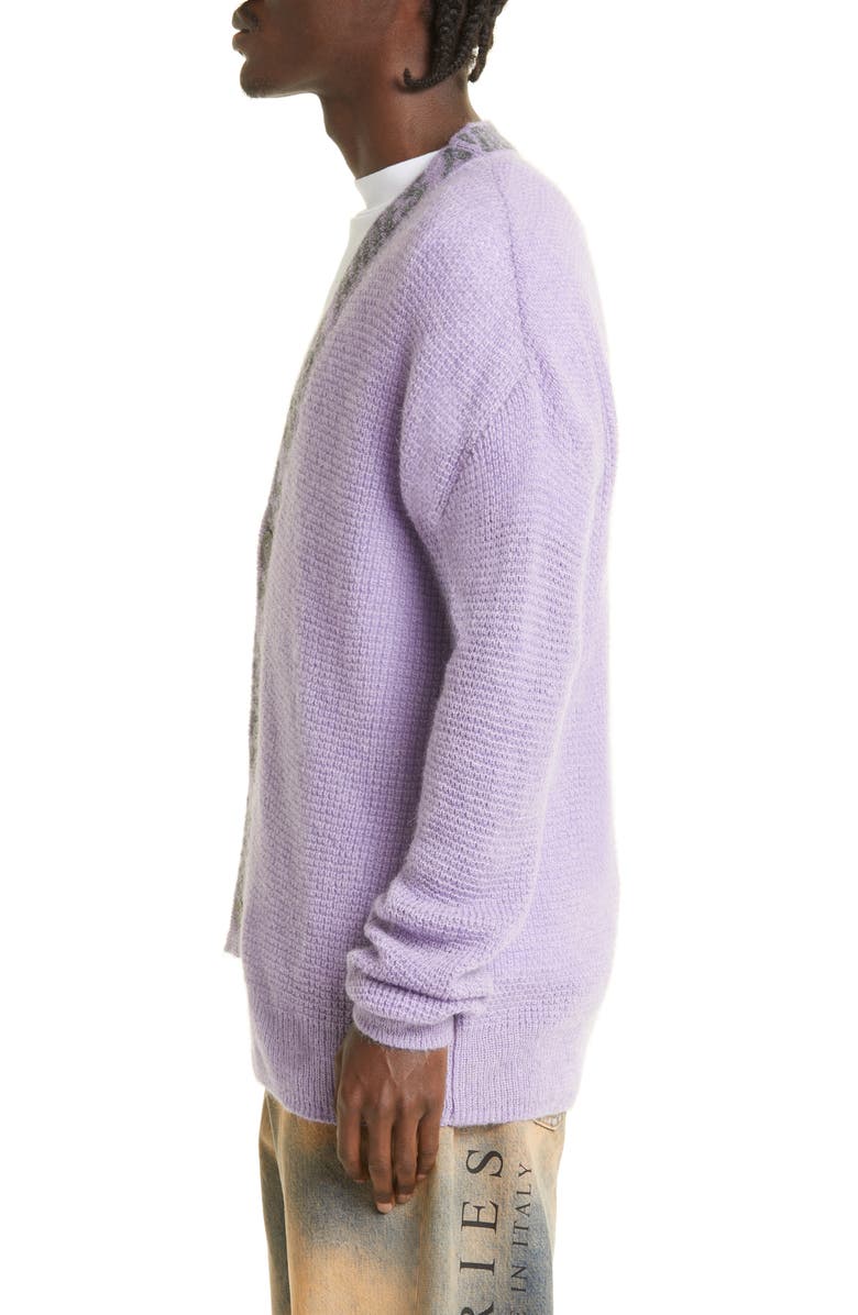 Aries Logo Jacquard Waffle Stitch V-Neck Cardigan, Alternate, color, 