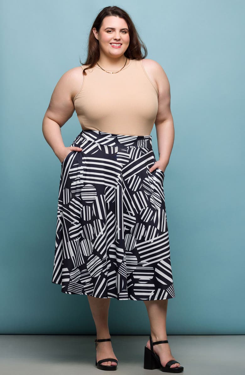 24seven Comfort Apparel Pull-On Midi Skirt, Alternate, color, Black Multi