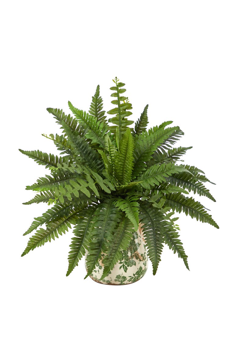 15-in Boston Fern Artificial Plant with Tuscan Ceramic Green Scroll Planter, Main, color, Green