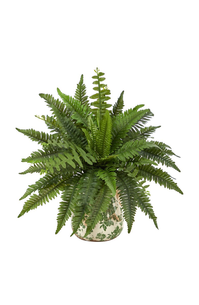 NEARLY NATURAL 15-in Boston Fern Artificial Plant with Tuscan Ceramic Green Scroll Planter, Main, color, Green