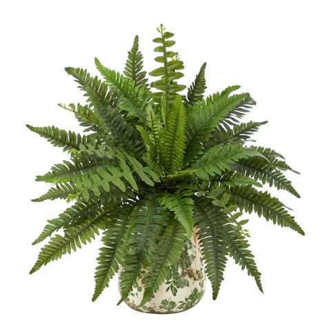 15-in Boston Fern Artificial Plant with Tuscan Ceramic Green Scroll Planter