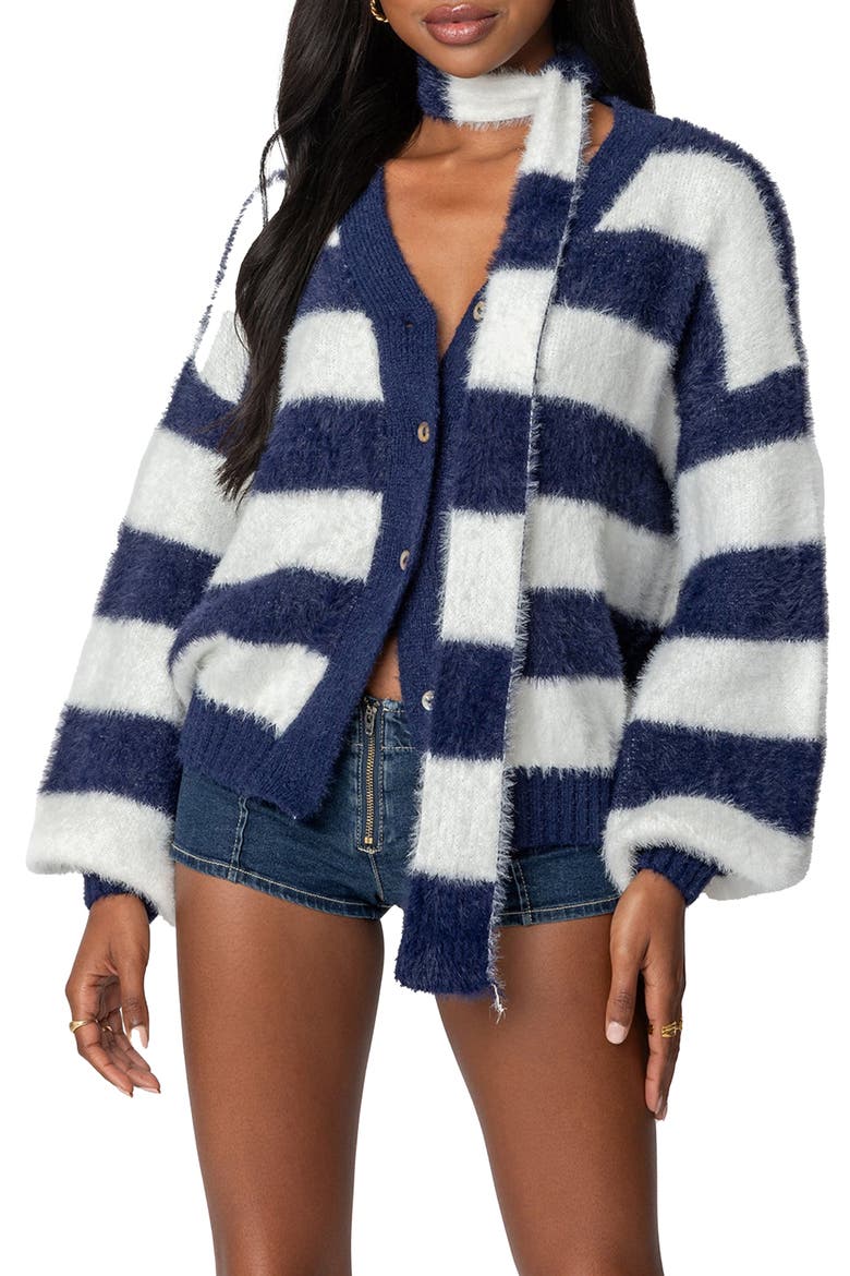 Stripe Scarf & Cardigan Set, Main, color, NAVY