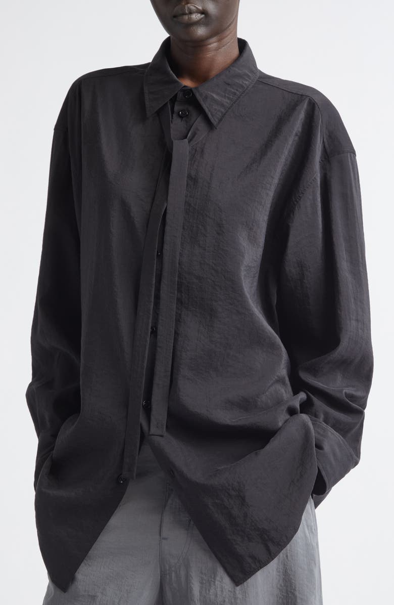 Lemaire Silk Blend Tie Button-Up Shirt, Alternate, color, Black