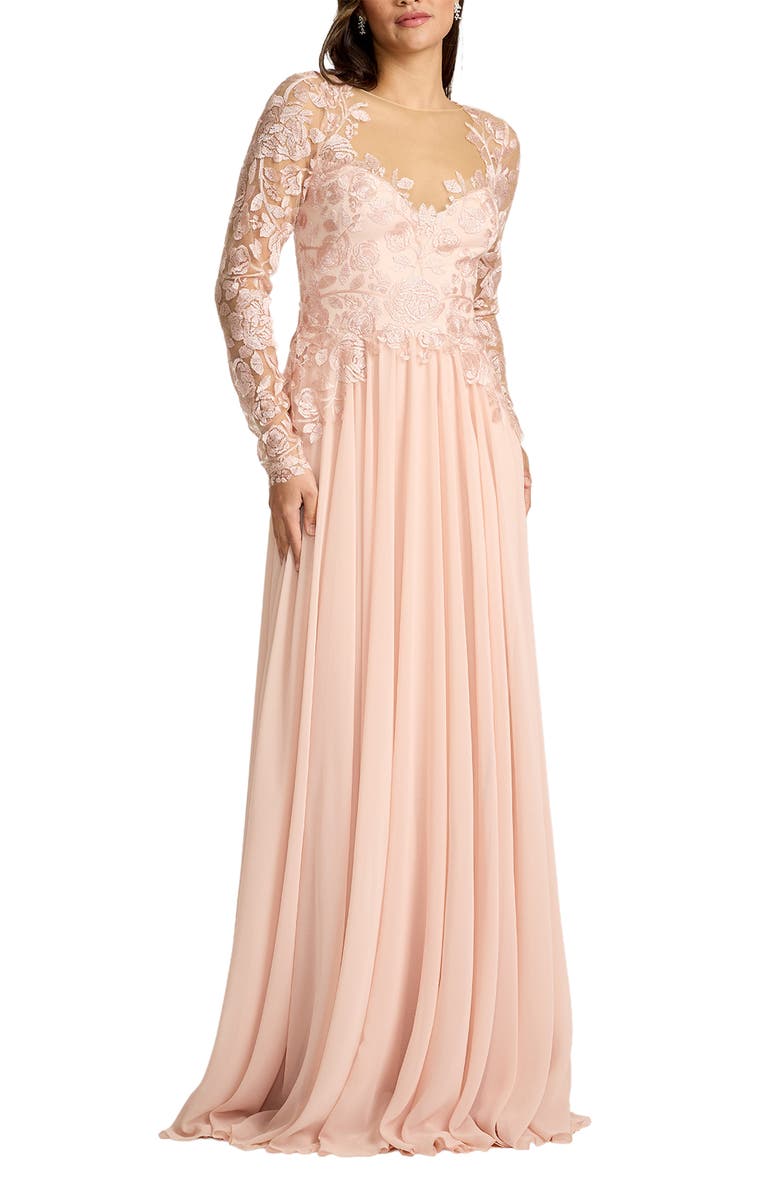 Tadashi Shoji Illusion Lace Embroidered Sleeve Gown, Alternate, color, Pale Pink