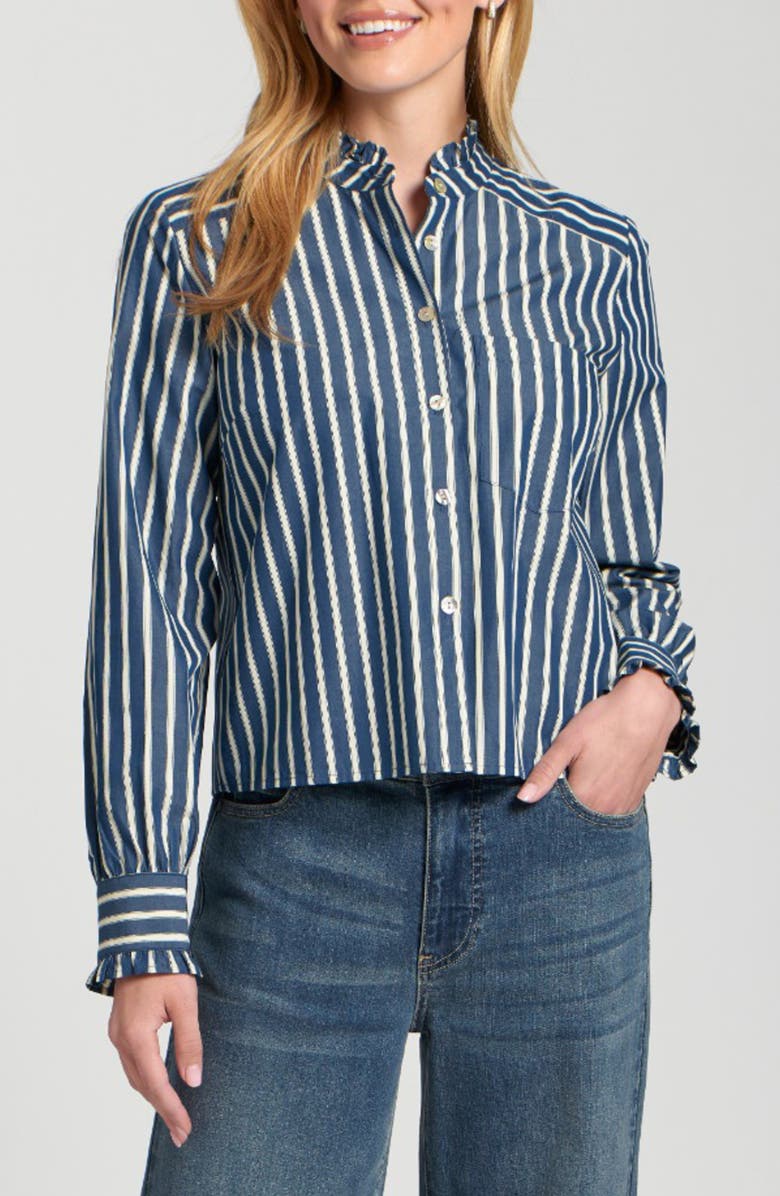 APNY Stripe Ruffle Trim Cotton Button-Up Shirt, Main, color, Navy/ Off White