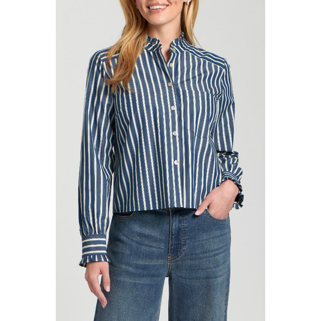Apny Stripe Ruffle Trim Cotton Button-up Shirt In Blue