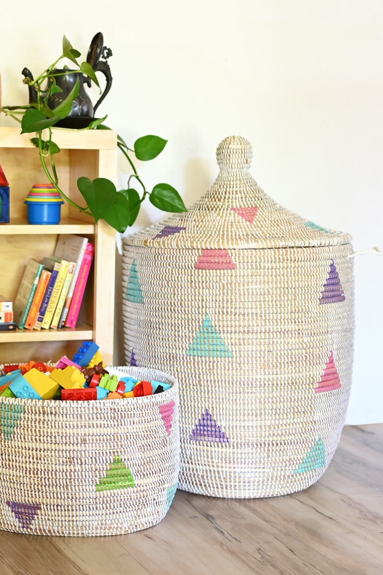Large White Teranga Triangles Hamper Basket from Senegal, Alternate, color, White