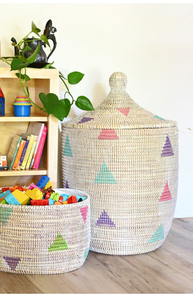 African Modern Large White Teranga Triangles Hamper Basket from Senegal, Alternate, color, White