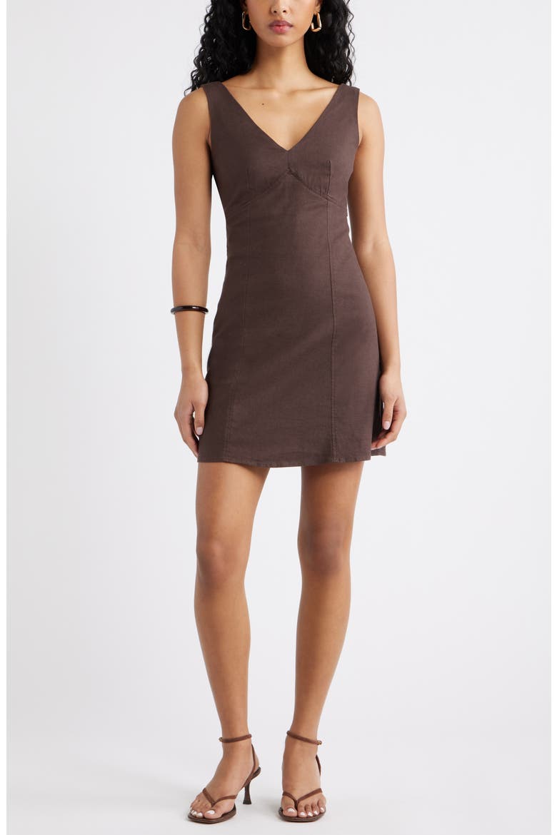 Tie Back Linen Blend Minidress, Main, color, BROWN SEAL
