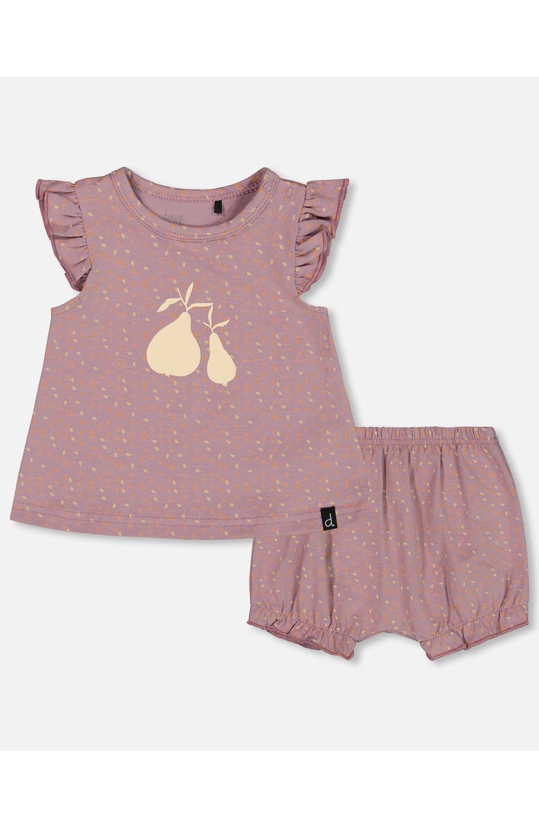 Deux par Deux Baby Girl's Printed Organic Cotton Top And Bloomer Set Purple With Pear Seeds, Main, color, Purple With Pear Seeds