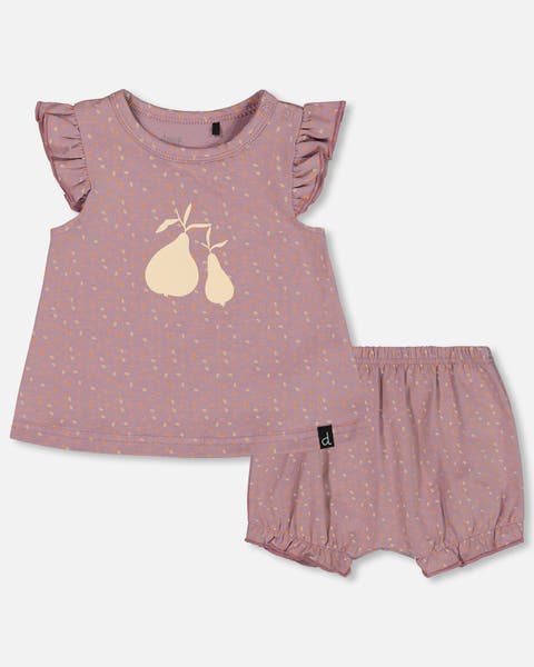 Baby Girl's Printed Organic Cotton Top And Bloomer Set Purple With Pear Seeds