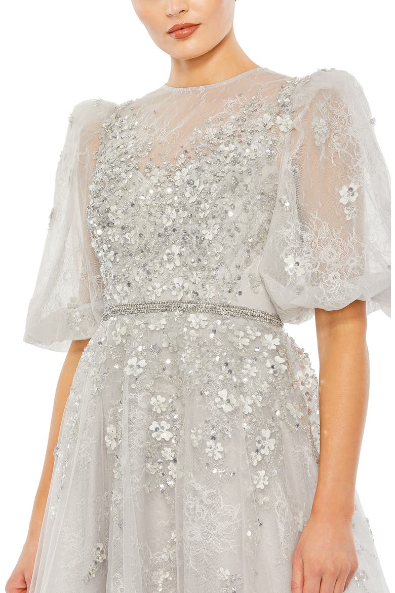 Embellished Puff Sleeve A Line Gown, Alternate, color, PLATINUM